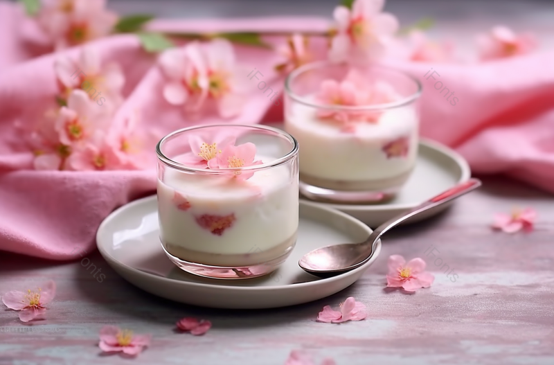 日式樱花甜点玻璃杯装布丁樱花花瓣陶瓷粉色小清新背景,高清,摄影图,摄影图片,图片大全,摄影图免费下载